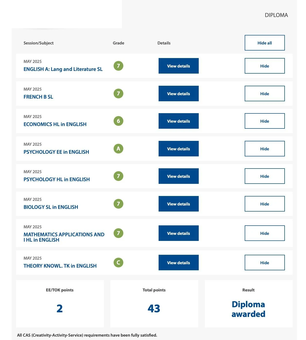 IB Diploma French B SL · grade 7; student details removed