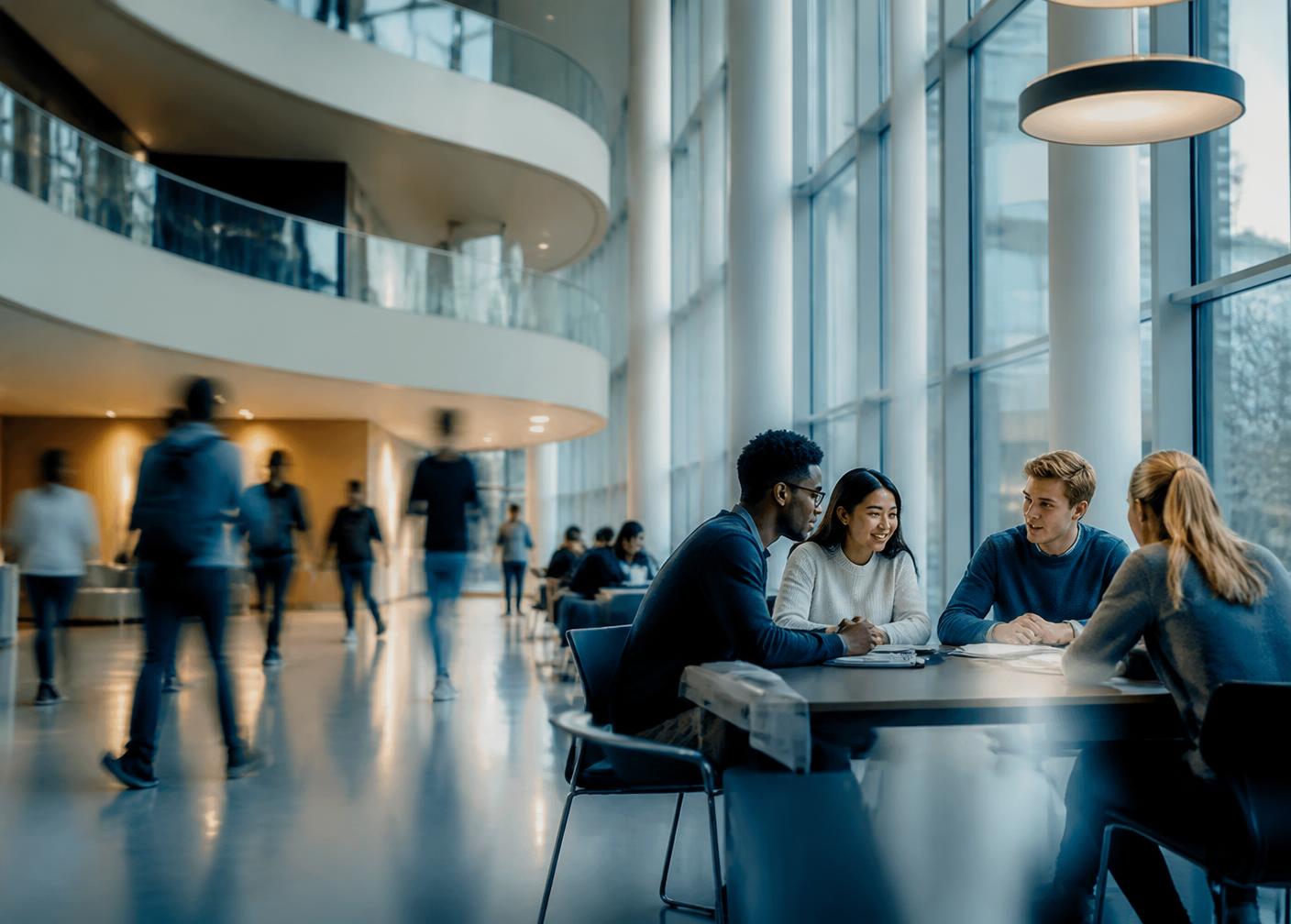 International students studying together in a modern glass atrium