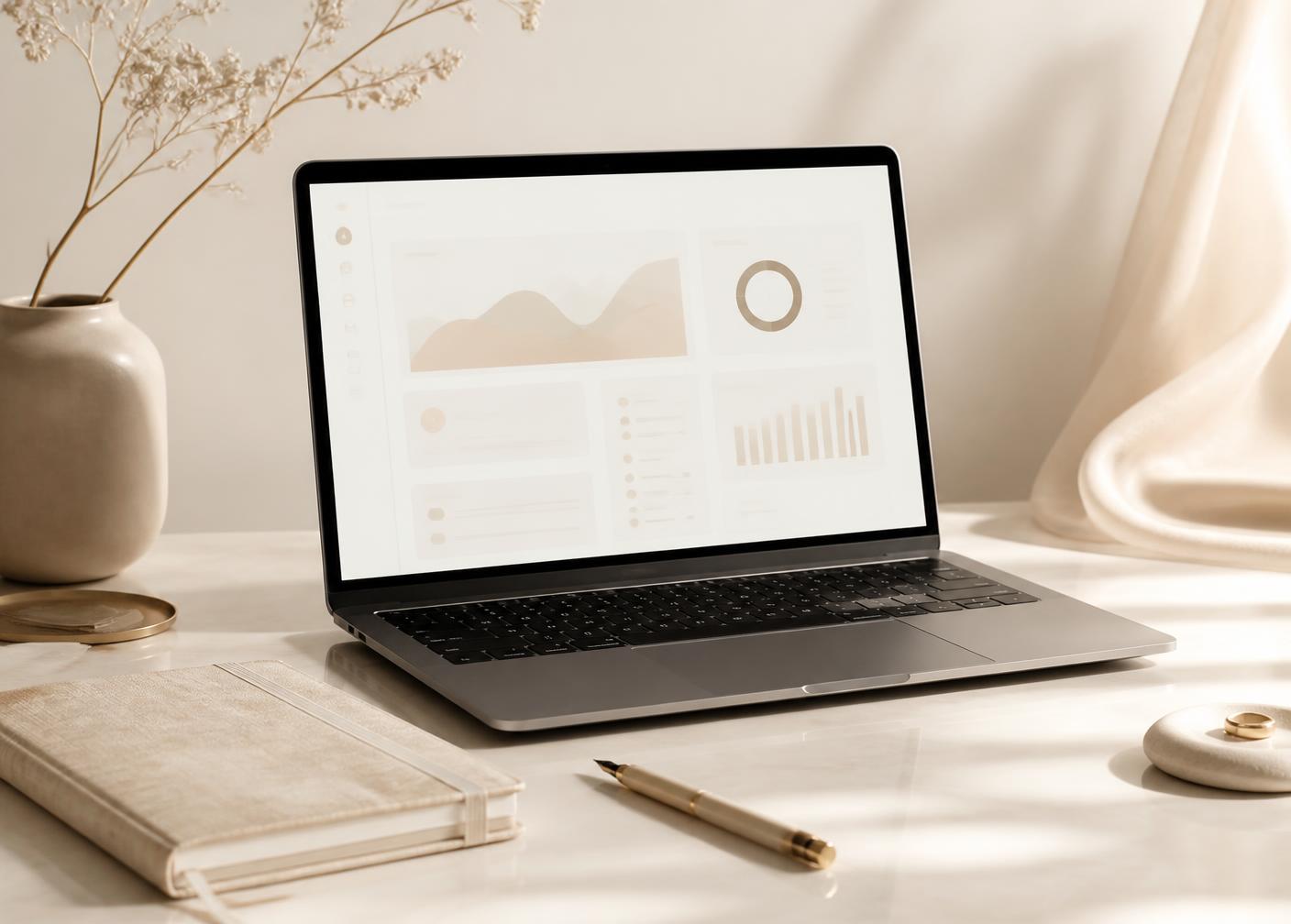 A learning dashboard on a laptop beside a notebook in warm ivory light